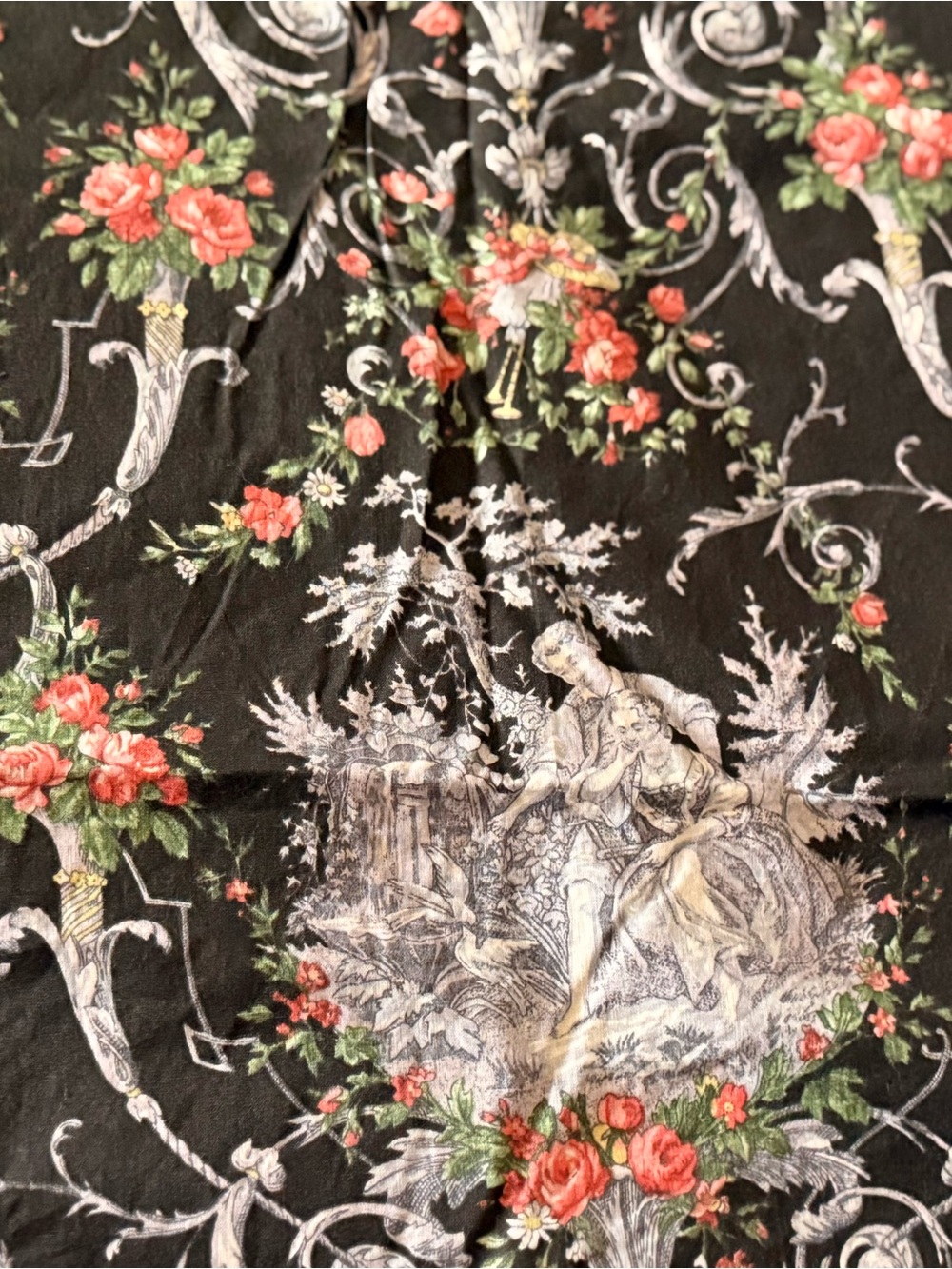 Vintage Black Floral Roses Urns Toile Rococo Style Fabric 72 × 44